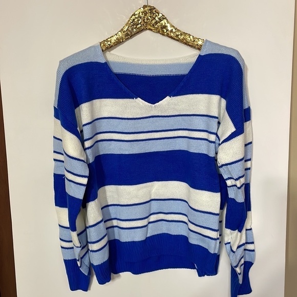 Womens Striped Pullover V Neck Sweater - Picture 7 of 13